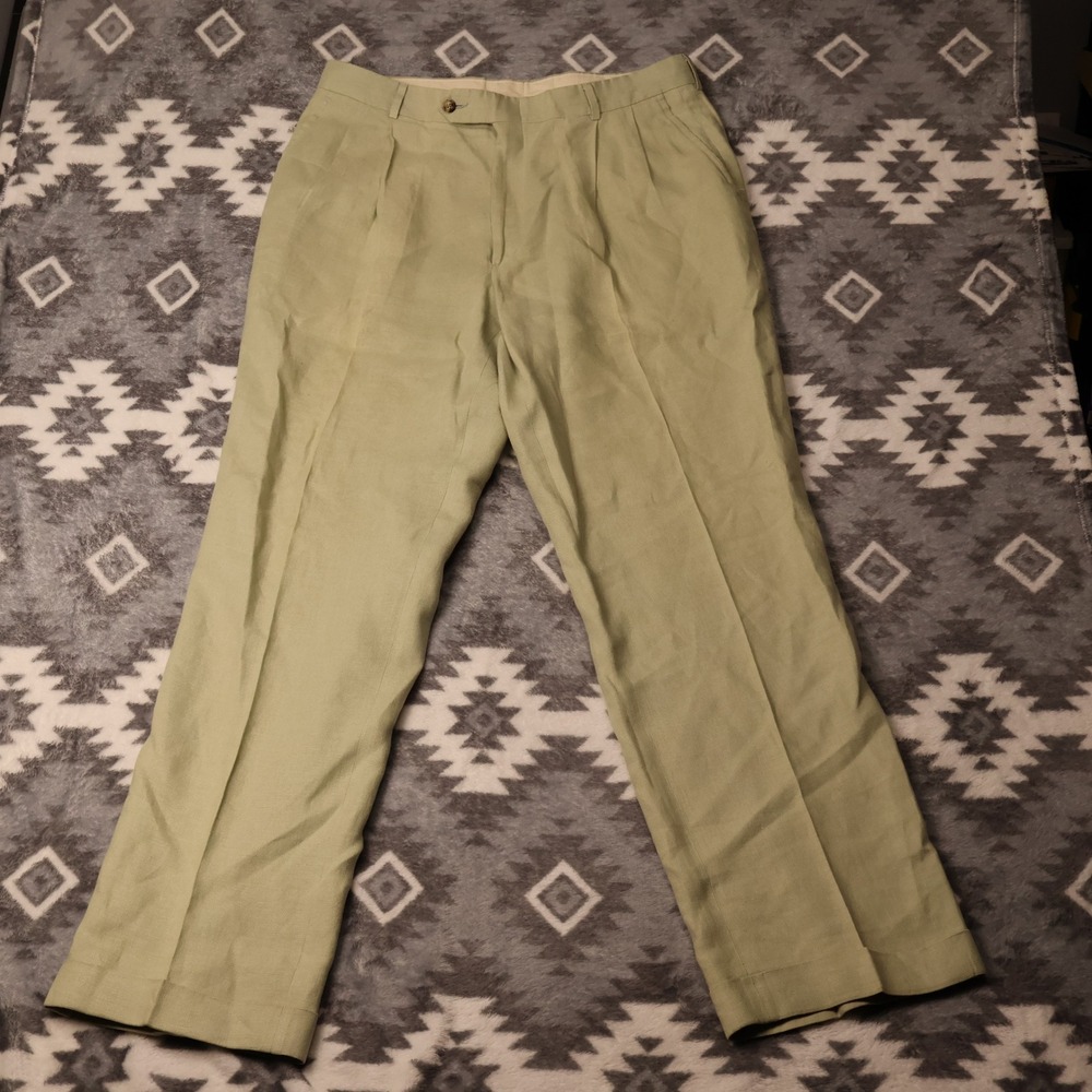 Berle Pleated Linen Trousers Sage Green Mens 34x32" Straight Cuffed Dress Pants